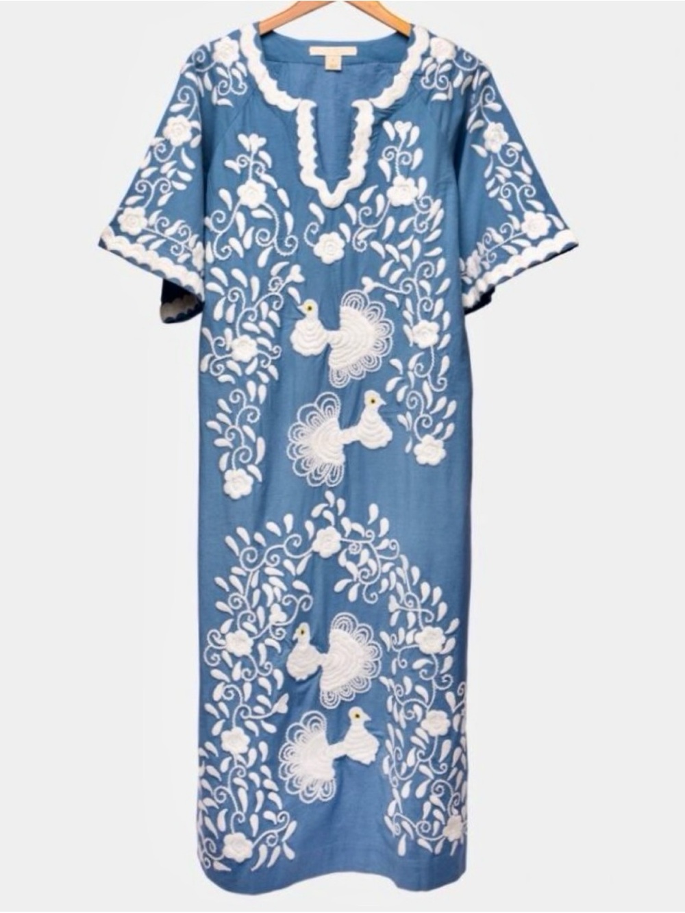 NWT Frances Valentine Blue & White Embroidered Peacock Caftan Maxi Dress Size 4